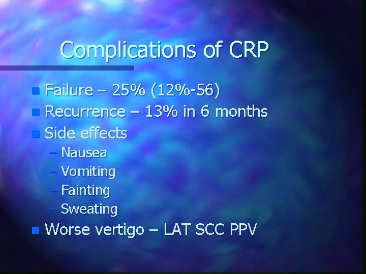 Complications of CRP Failure – 25% (12%-56) n Recurrence – 13% in 6 months