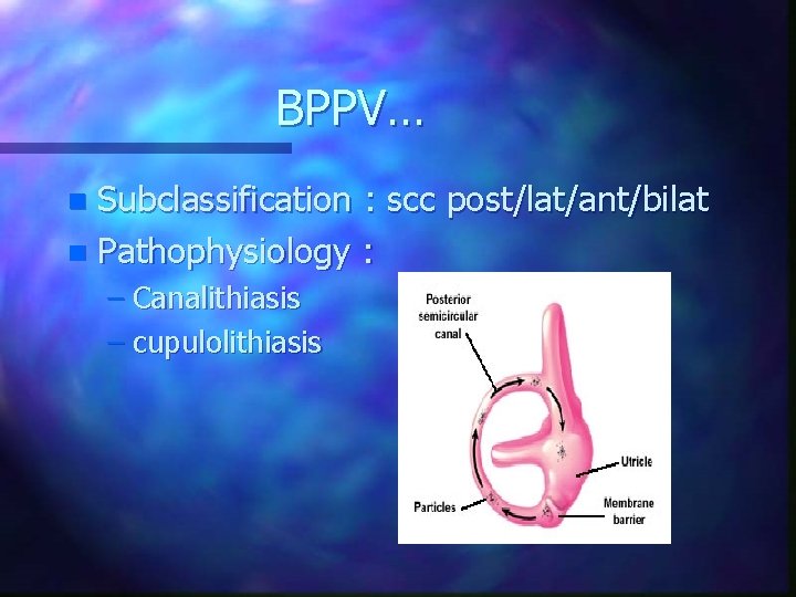 BPPV… Subclassification : scc post/lat/ant/bilat n Pathophysiology : n – Canalithiasis – cupulolithiasis 