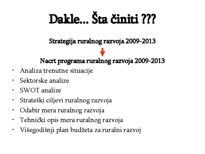 Dakle. . . Šta činiti ? ? ? Strategija ruralnog razvoja 2009 -2013 •