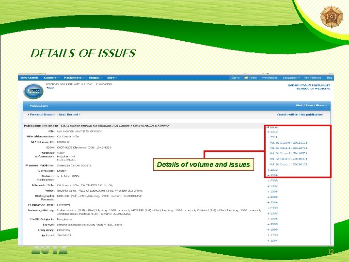 DETAILS OF ISSUES Details of volume and issues 12 