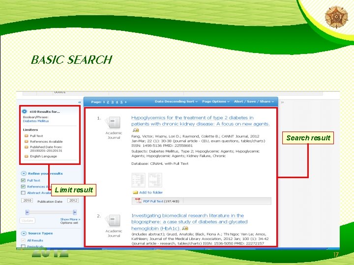 BASIC SEARCH Search result Limit result 17 