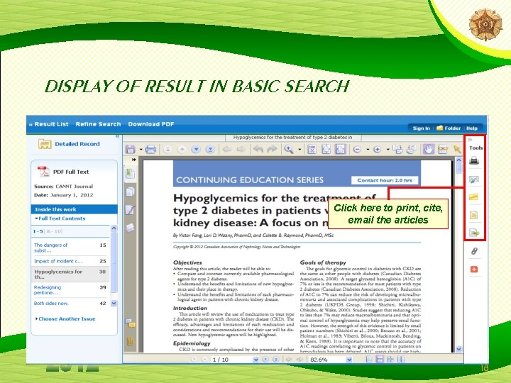 DISPLAY OF RESULT IN BASIC SEARCH Click here to print, cite, email the articles