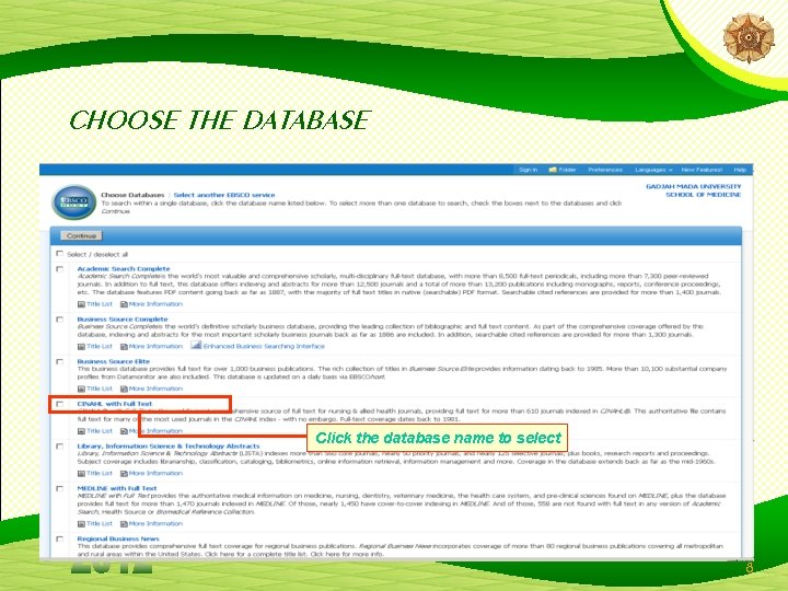 CHOOSE THE DATABASE Click the database name to select 8 