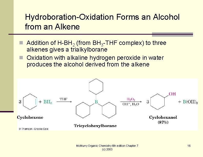 Hydroboration-Oxidation Forms an Alcohol from an Alkene n Addition of H-BH 2 (from BH