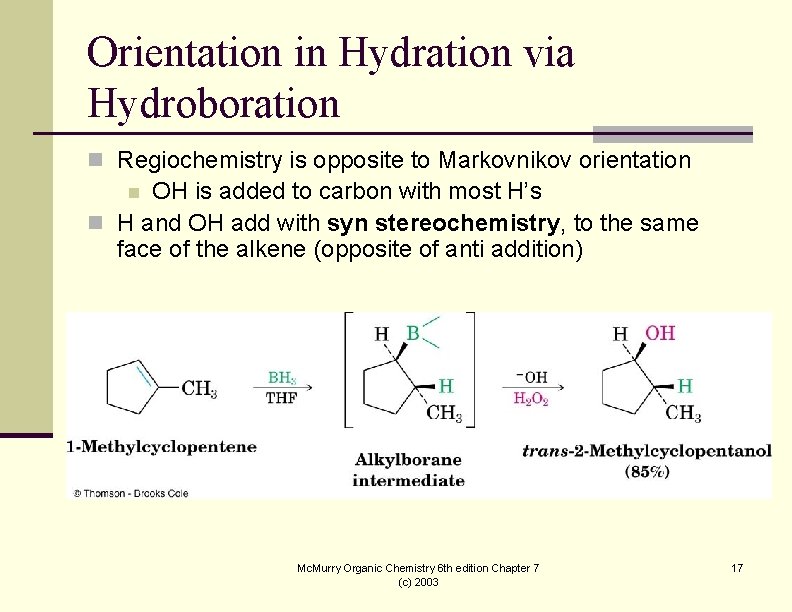 Orientation in Hydration via Hydroboration n Regiochemistry is opposite to Markovnikov orientation OH is