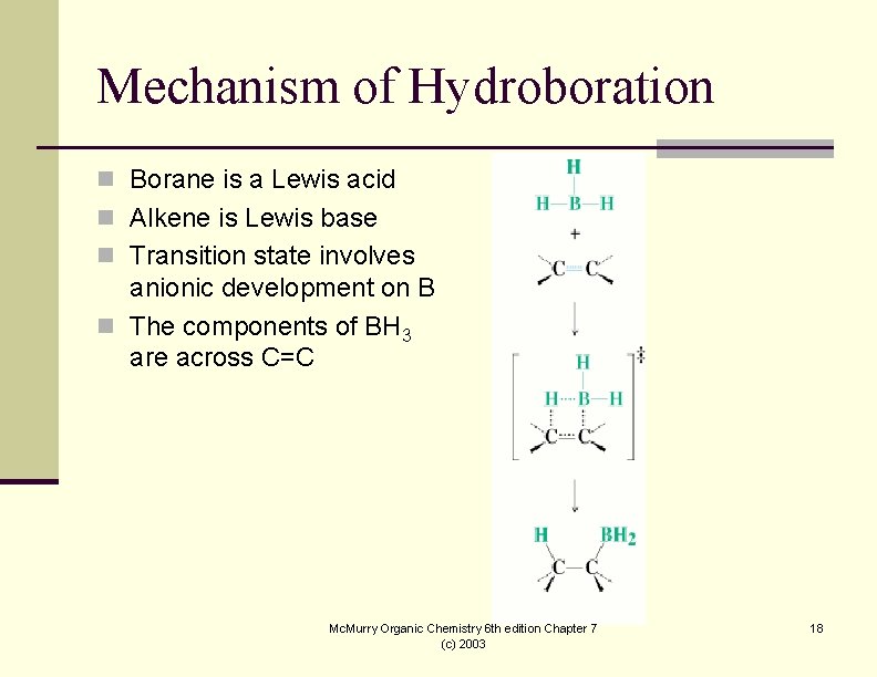 Mechanism of Hydroboration n Borane is a Lewis acid n Alkene is Lewis base