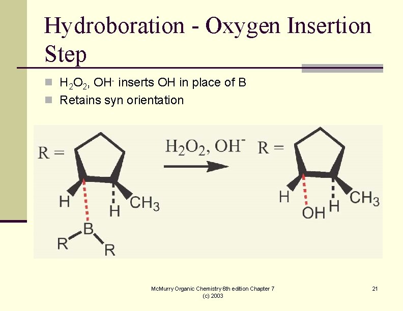 Hydroboration - Oxygen Insertion Step n H 2 O 2, OH- inserts OH in