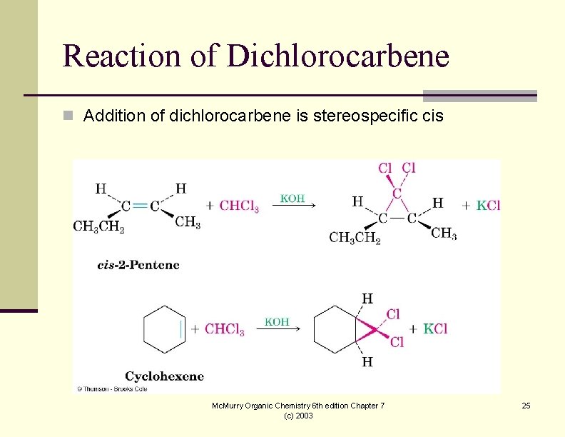 Reaction of Dichlorocarbene n Addition of dichlorocarbene is stereospecific cis Mc. Murry Organic Chemistry