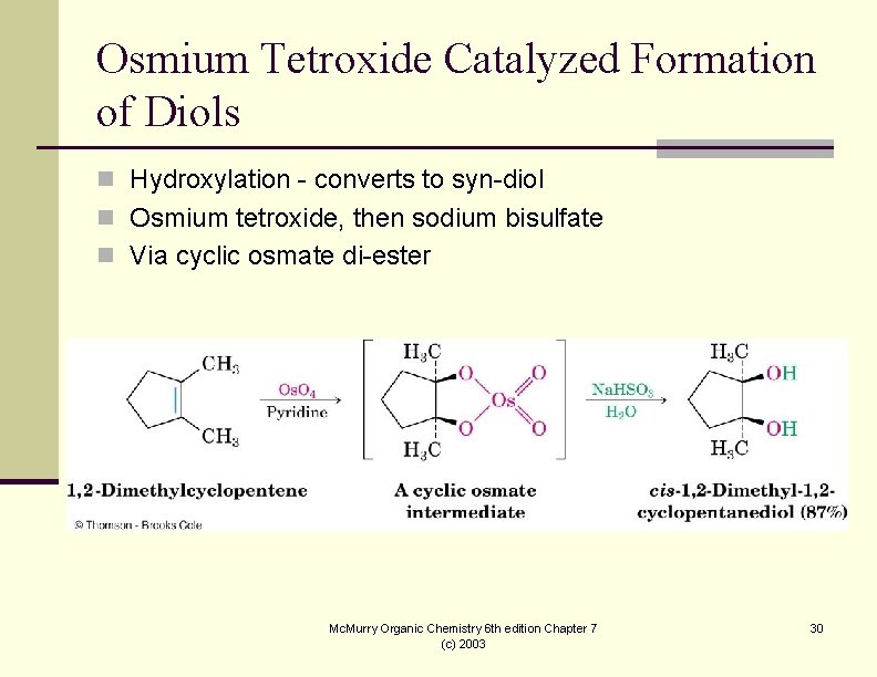 Osmium Tetroxide Catalyzed Formation of Diols n Hydroxylation - converts to syn-diol n Osmium