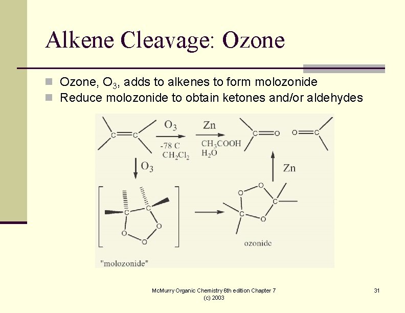 Alkene Cleavage: Ozone n Ozone, O 3, adds to alkenes to form molozonide n