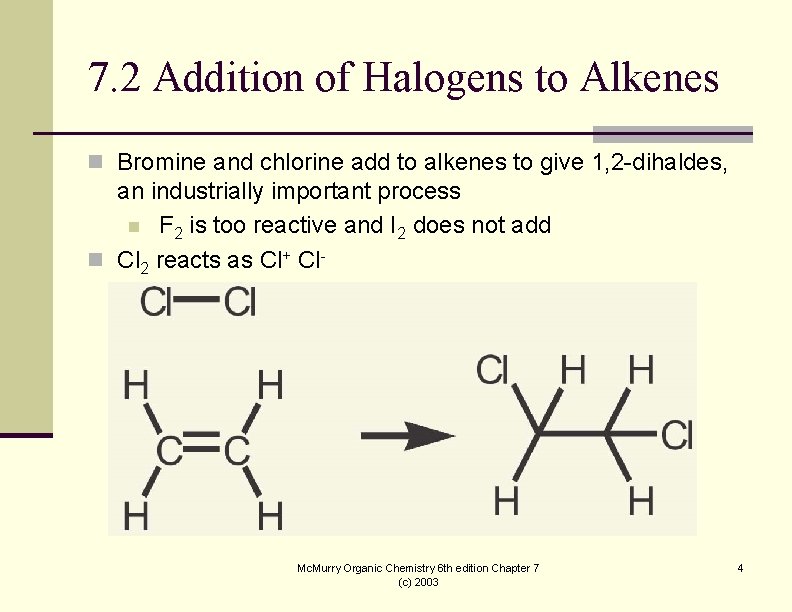 7. 2 Addition of Halogens to Alkenes n Bromine and chlorine add to alkenes