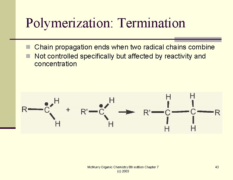 Polymerization: Termination n Chain propagation ends when two radical chains combine n Not controlled