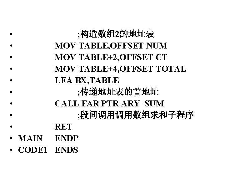  • • • ; 构造数组2的地址表 MOV TABLE, OFFSET NUM MOV TABLE+2, OFFSET CT