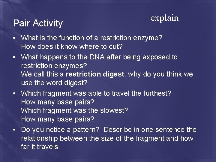 Pair Activity explain • What is the function of a restriction enzyme? How does