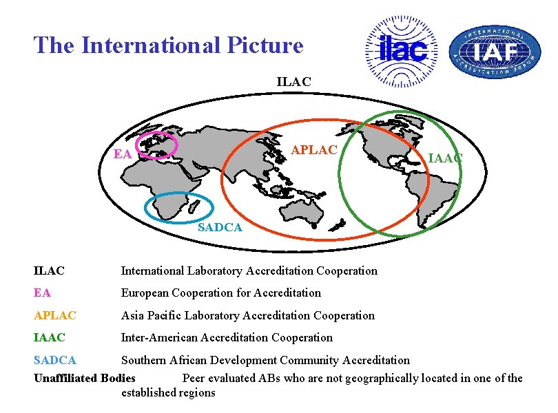 The International Picture ILAC APLAC EA IAAC SADCA ILAC International Laboratory Accreditation Cooperation EA
