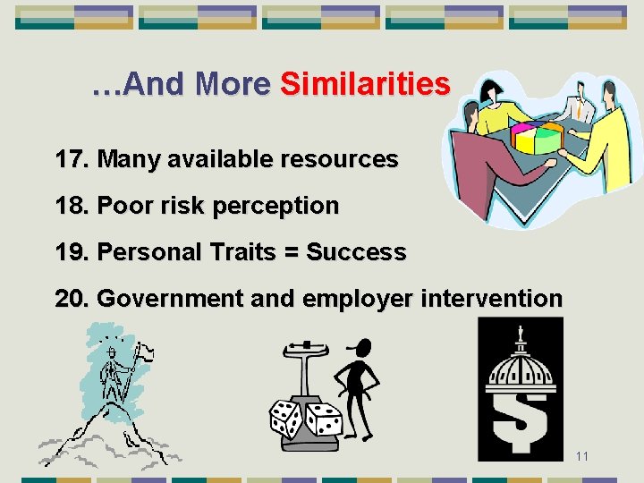 …And More Similarities 17. Many available resources 18. Poor risk perception 19. Personal Traits