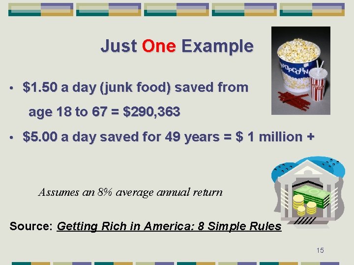 Just One Example • $1. 50 a day (junk food) saved from age 18