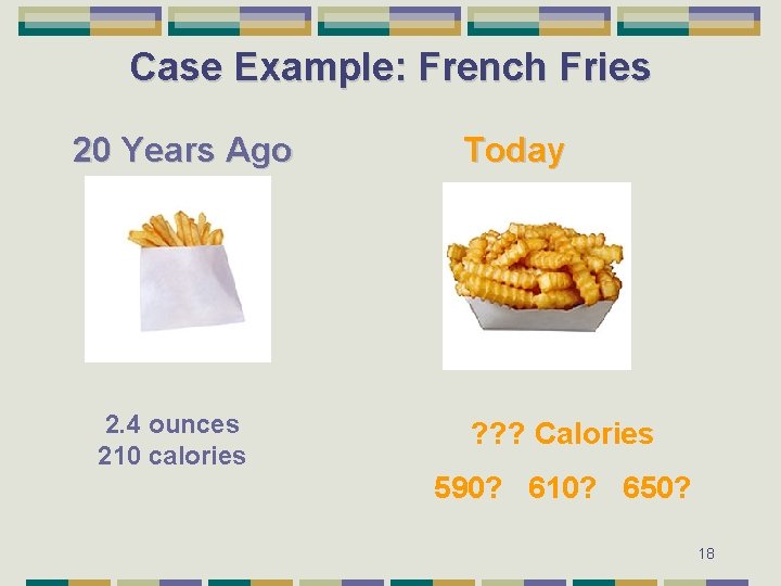 Case Example: French Fries 20 Years Ago 2. 4 ounces 210 calories Today ?