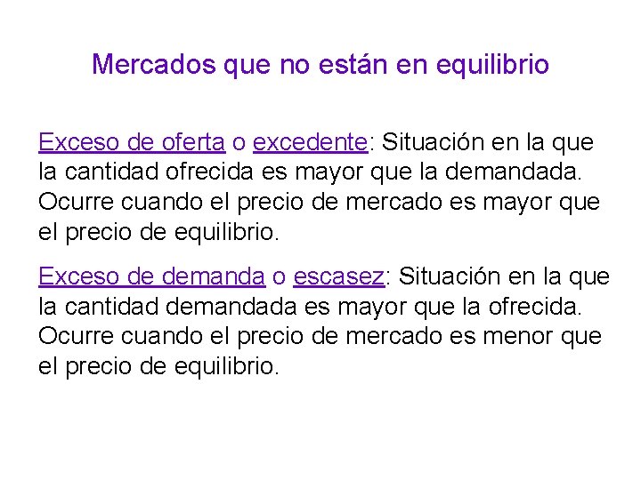 Mercados que no están en equilibrio Exceso de oferta o excedente: Situación en la