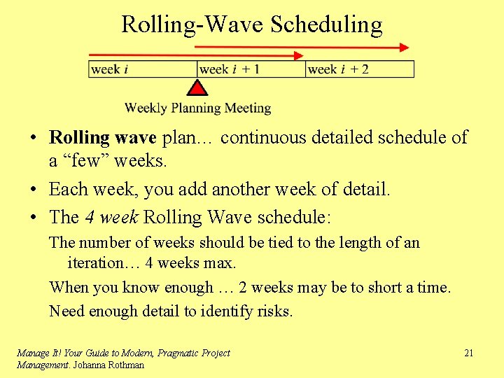 Rolling-Wave Scheduling • Rolling wave plan… continuous detailed schedule of a “few” weeks. •