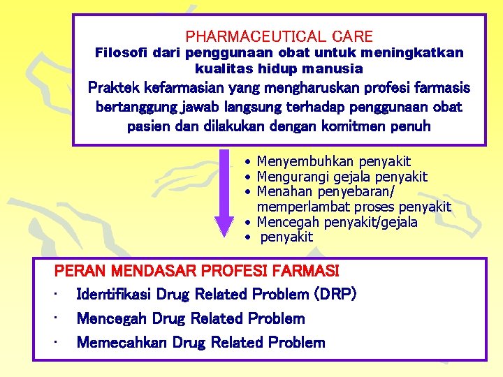 PHARMACEUTICAL CARE Filosofi dari penggunaan obat untuk meningkatkan kualitas hidup manusia Praktek kefarmasian yang