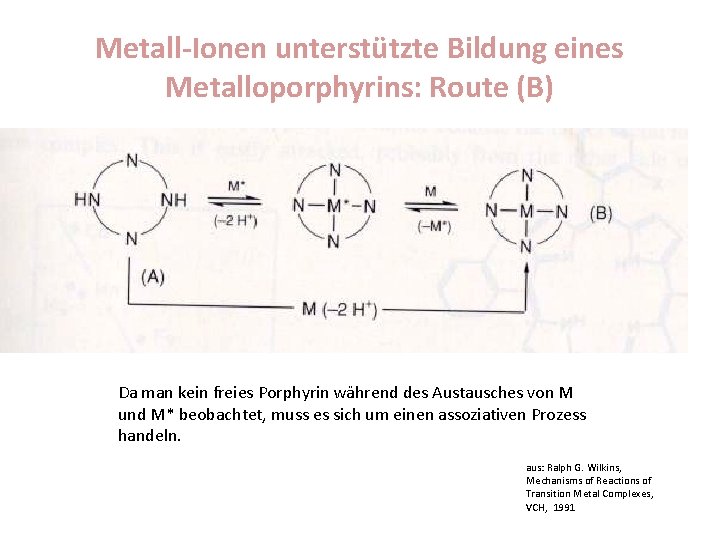 Metall-Ionen unterstützte Bildung eines Metalloporphyrins: Route (B) Da man kein freies Porphyrin während des