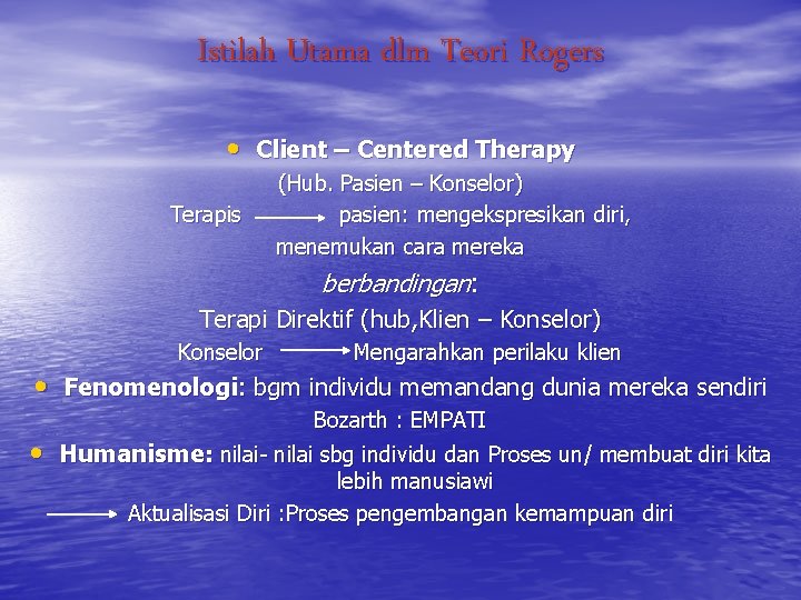 Istilah Utama dlm Teori Rogers • Client – Centered Therapy Terapis (Hub. Pasien –