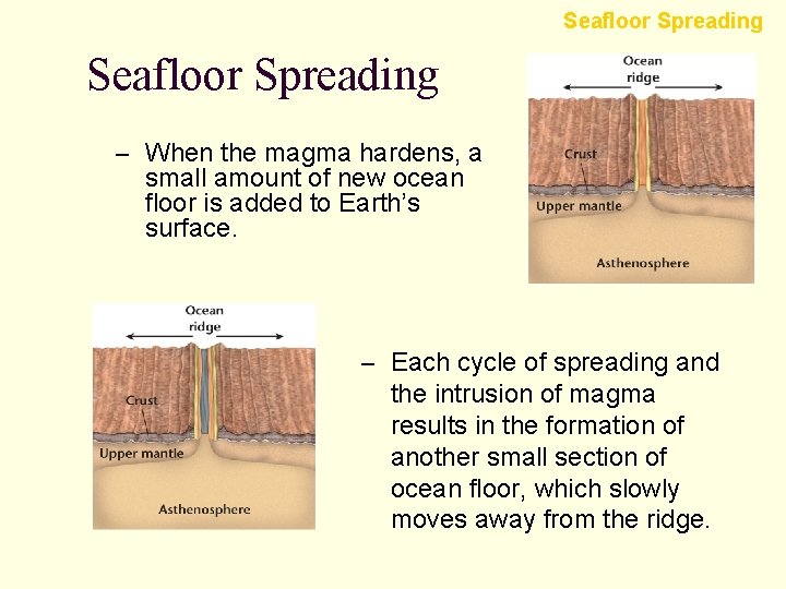 Seafloor Spreading – When the magma hardens, a small amount of new ocean floor