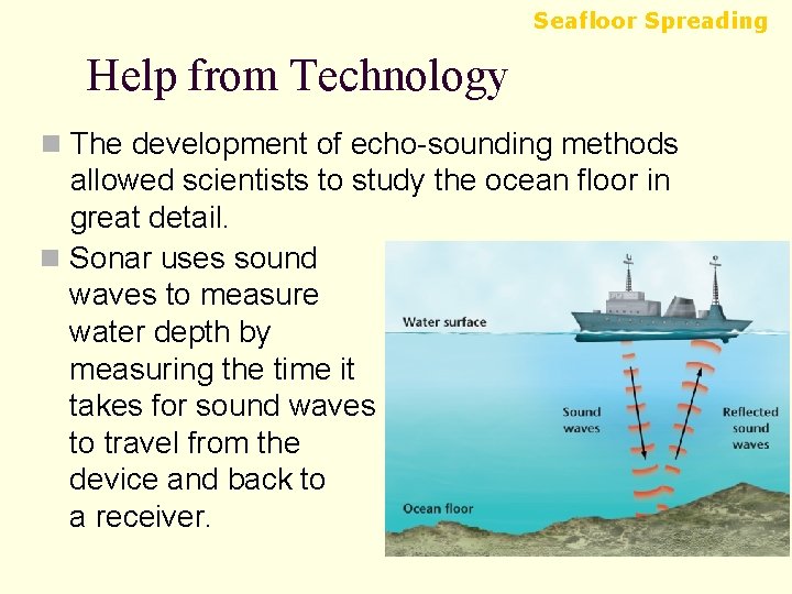 Seafloor Spreading Help from Technology n The development of echo-sounding methods allowed scientists to