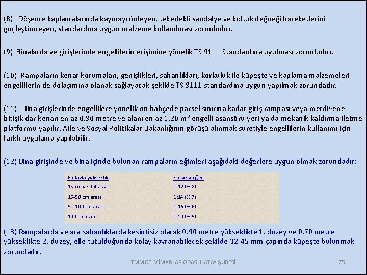 (8) Döşeme kaplamalarında kaymayı önleyen, tekerlekli sandalye ve koltuk değneği hareketlerini güçleştirmeyen, standardına uygun