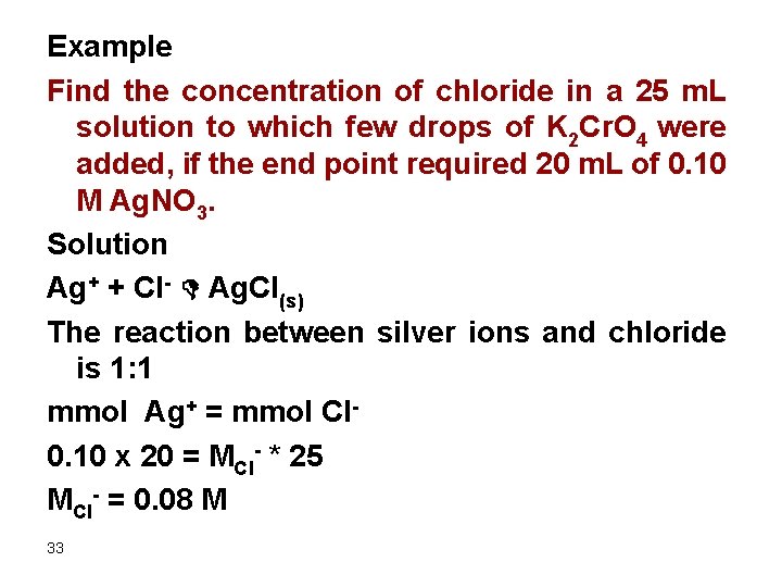 Example Find the concentration of chloride in a 25 m. L solution to which