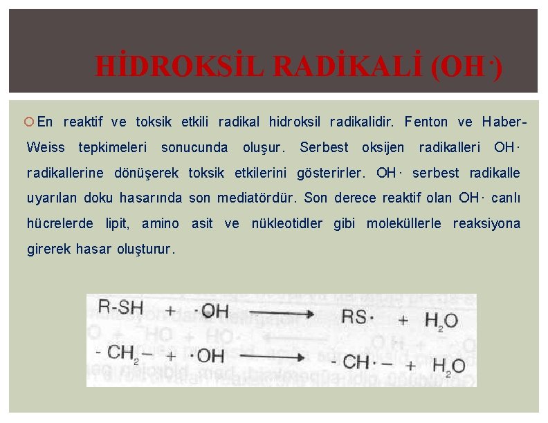 HİDROKSİL RADİKALİ (OH • ) En reaktif ve toksik etkili radikal hidroksil radikalidir. Fenton