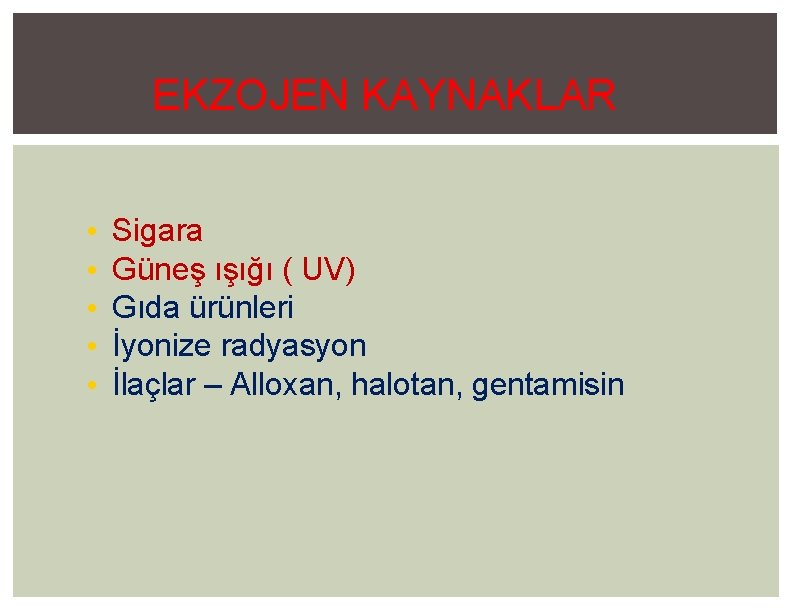 EKZOJEN KAYNAKLAR • • • Sigara Güneş ışığı ( UV) Gıda ürünleri İyonize radyasyon