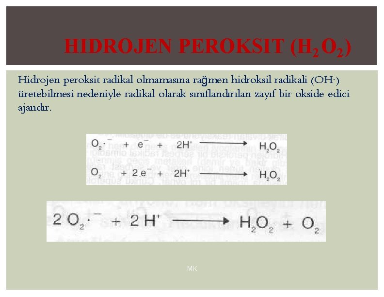 HIDROJEN PEROKSIT (H 2 O 2 ) Hidrojen peroksit radikal olmamasına rağmen hidroksil radikali