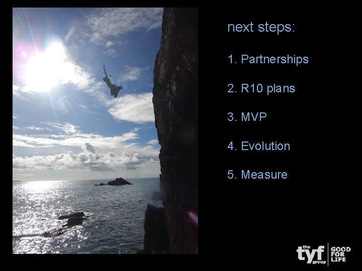 next steps: 1. Partnerships 2. R 10 plans 3. MVP 4. Evolution 5. Measure