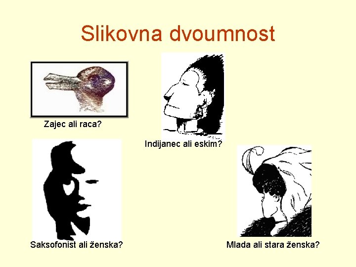 Slikovna dvoumnost Zajec ali raca? Indijanec ali eskim? Saksofonist ali ženska? Mlada ali stara