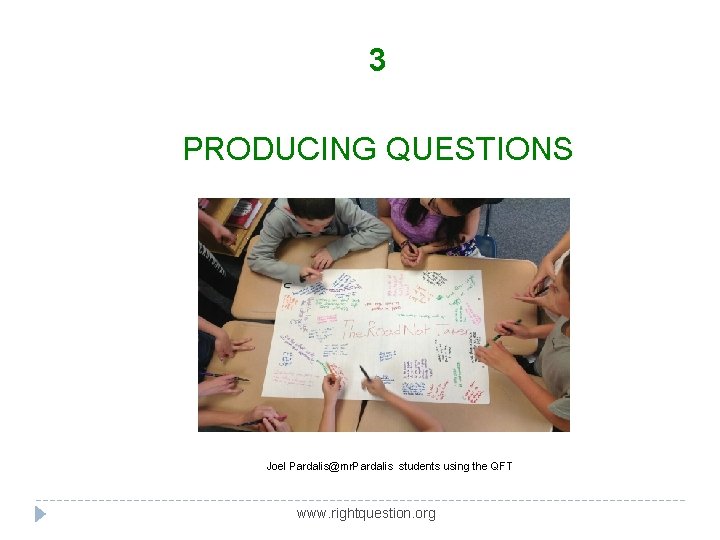 3 PRODUCING QUESTIONS Joel Pardalis@mr. Pardalis students using the QFT www. rightquestion. org 3 PRODUCING QUESTIONS Joel Pardalis@mr. Pardalis students using the QFT www. rightquestion. org