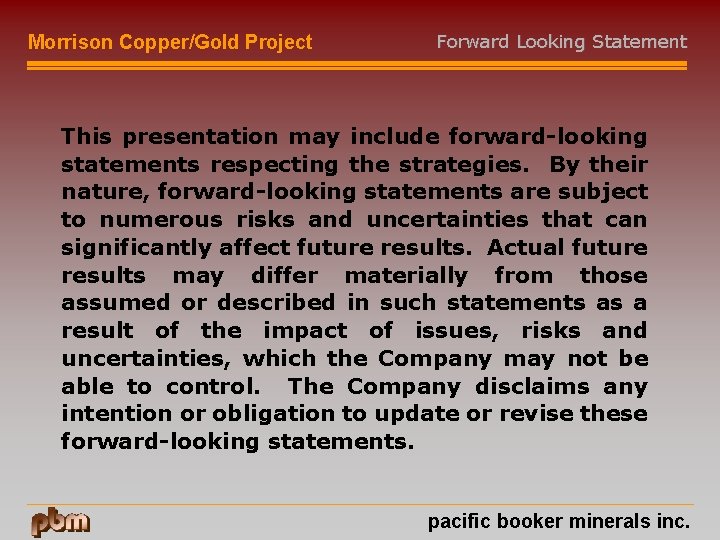 Morrison Copper/Gold Project Forward Looking Statement This presentation may include forward-looking statements respecting the