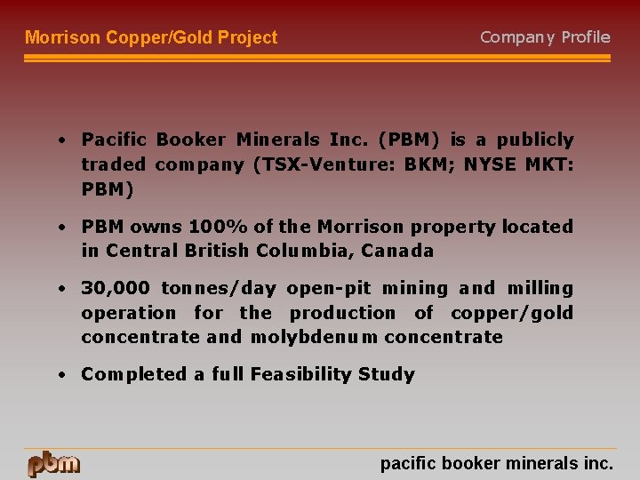 Company Profile Morrison Copper/Gold Project • Pacific Booker Minerals Inc. (PBM) is a publicly