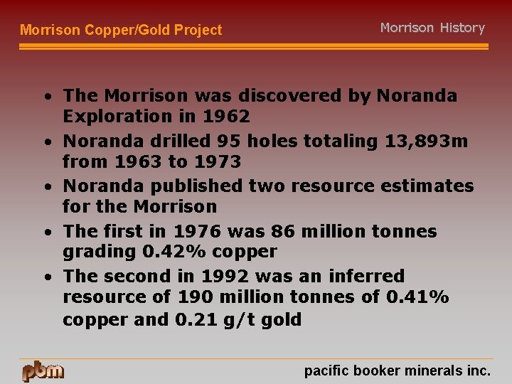 Morrison Copper/Gold Project Morrison History • The Morrison was discovered by Noranda Exploration in