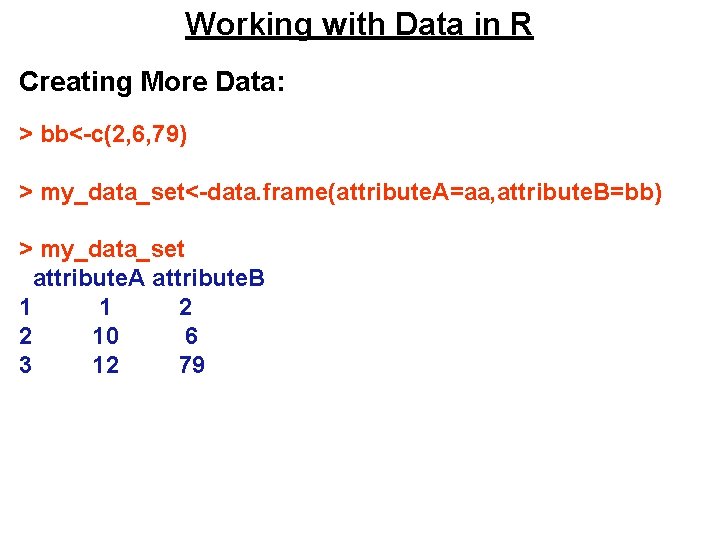 Working with Data in R Creating More Data: > bb<-c(2, 6, 79) > my_data_set<-data. Working with Data in R Creating More Data: > bb<-c(2, 6, 79) > my_data_set<-data.