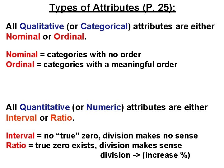 Types of Attributes (P. 25): All Qualitative (or Categorical) attributes are either Nominal or Types of Attributes (P. 25): All Qualitative (or Categorical) attributes are either Nominal or