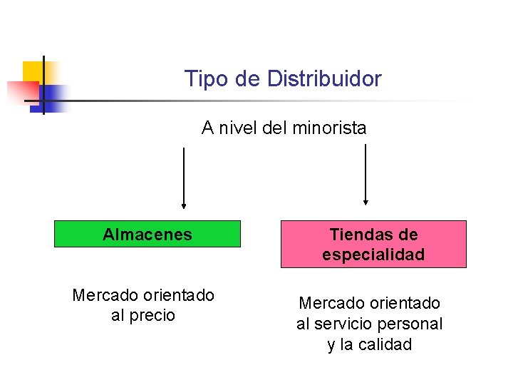 Tipo de Distribuidor A nivel del minorista Almacenes Tiendas de especialidad Mercado orientado al Tipo de Distribuidor A nivel del minorista Almacenes Tiendas de especialidad Mercado orientado al