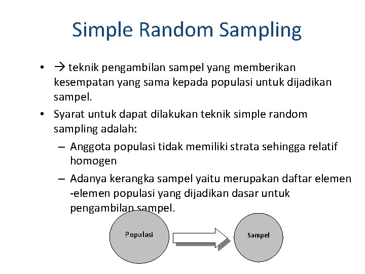 Simple Random Sampling • teknik pengambilan sampel yang memberikan kesempatan yang sama kepada populasi