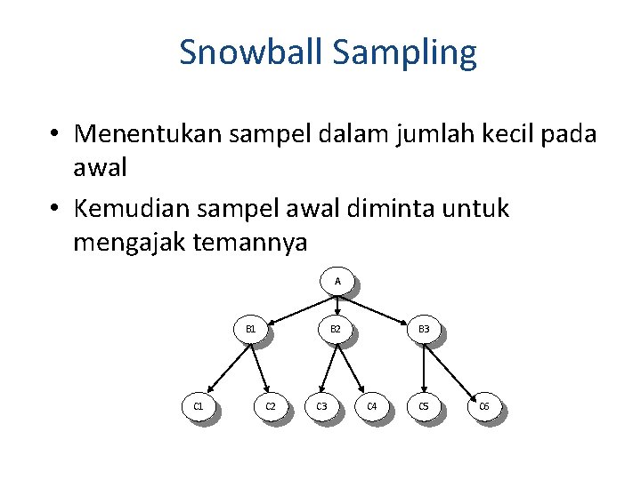 Snowball Sampling • Menentukan sampel dalam jumlah kecil pada awal • Kemudian sampel awal