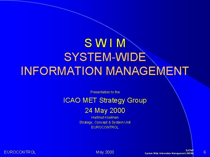 SWIM SYSTEM-WIDE INFORMATION MANAGEMENT Presentation to the ICAO MET Strategy Group 24 May 2000