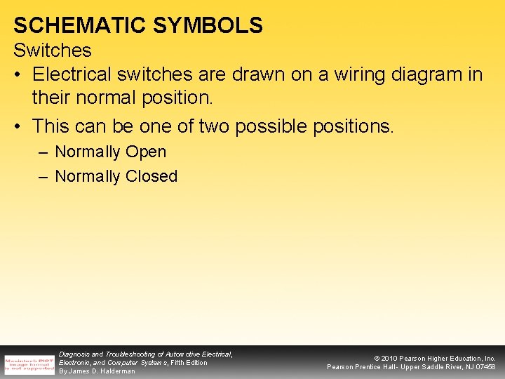 SCHEMATIC SYMBOLS Switches • Electrical switches are drawn on a wiring diagram in their