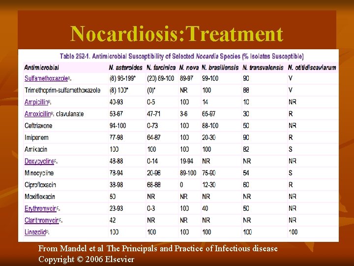 Nocardiosis: Treatment From Mandel et al The Principals and Practice of Infectious disease Copyright