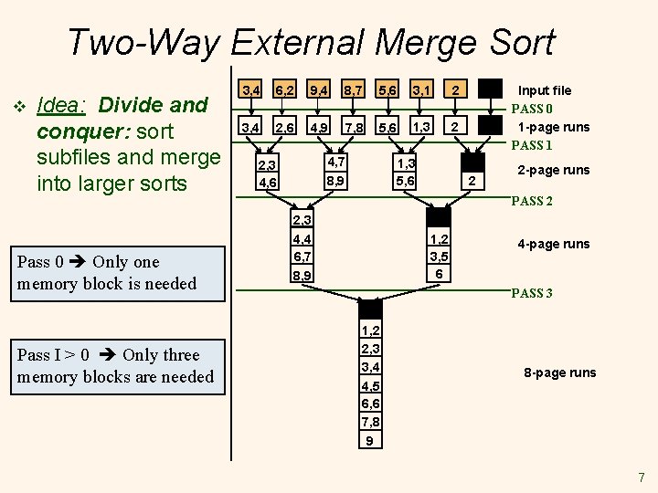 Two-Way External Merge Sort v Idea: Divide and conquer: sort subfiles and merge into