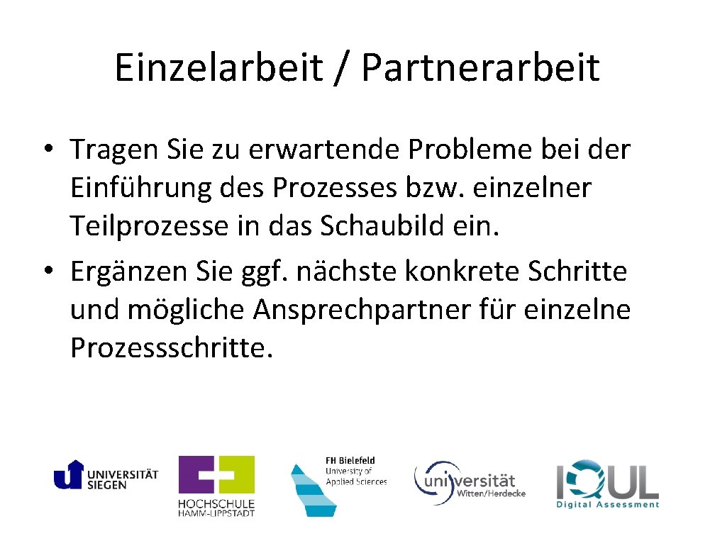 Einzelarbeit / Partnerarbeit • Tragen Sie zu erwartende Probleme bei der Einführung des Prozesses